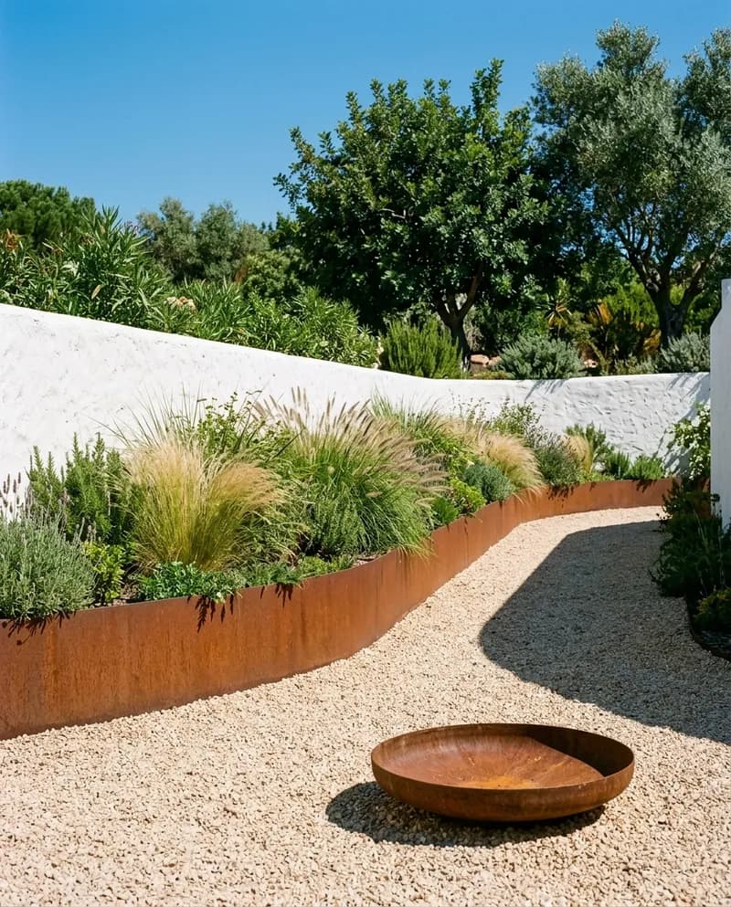 Floreira longa e curva em aço corten junto a um muro branco com gramíneas