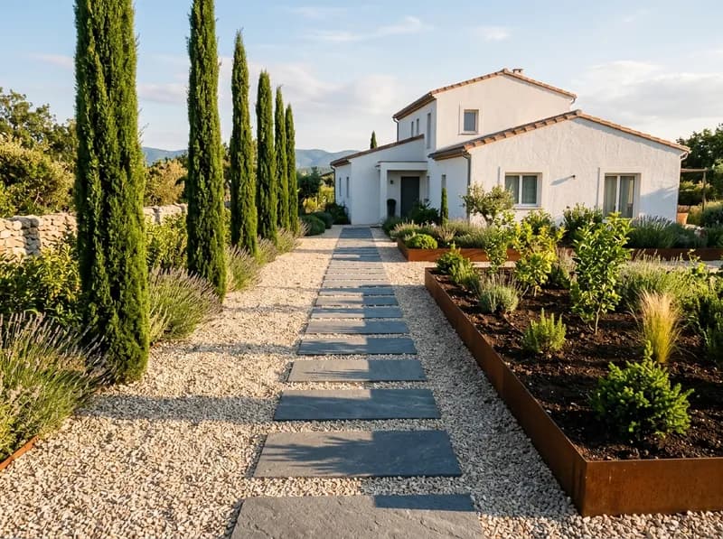 Caminho de pedras sobre gravilha até à casa