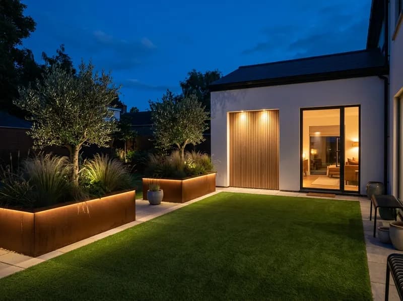 Floreiras em corten com iluminação LED num pátio moderno ao anoitecer