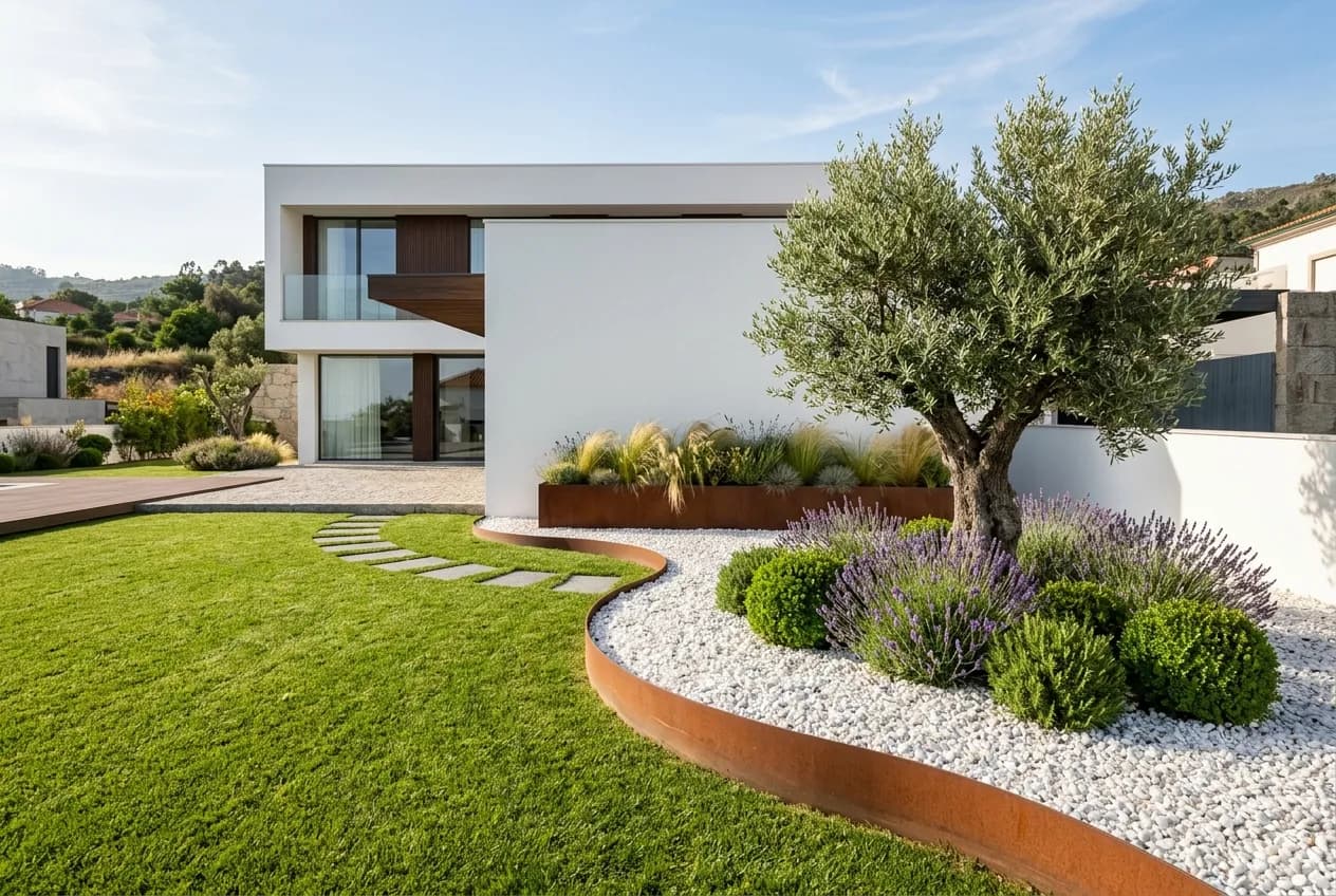 Jardim moderno com floreiras em aço corten, relvado, canteiro de gravilha branca e uma oliveira